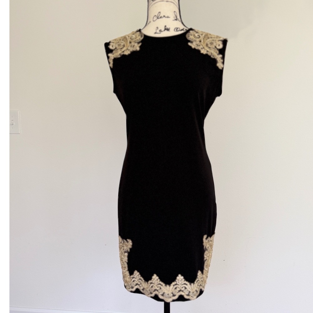 SHEIN Black Sheath Dress Gold Lace Applique Sleeveless Cocktail Dark Academia - Picture 14 of 14